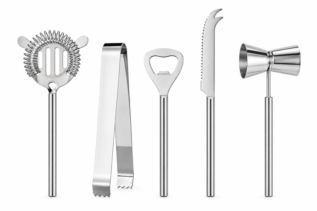Stainless Steel Bar Tool Set with Acacia Stand