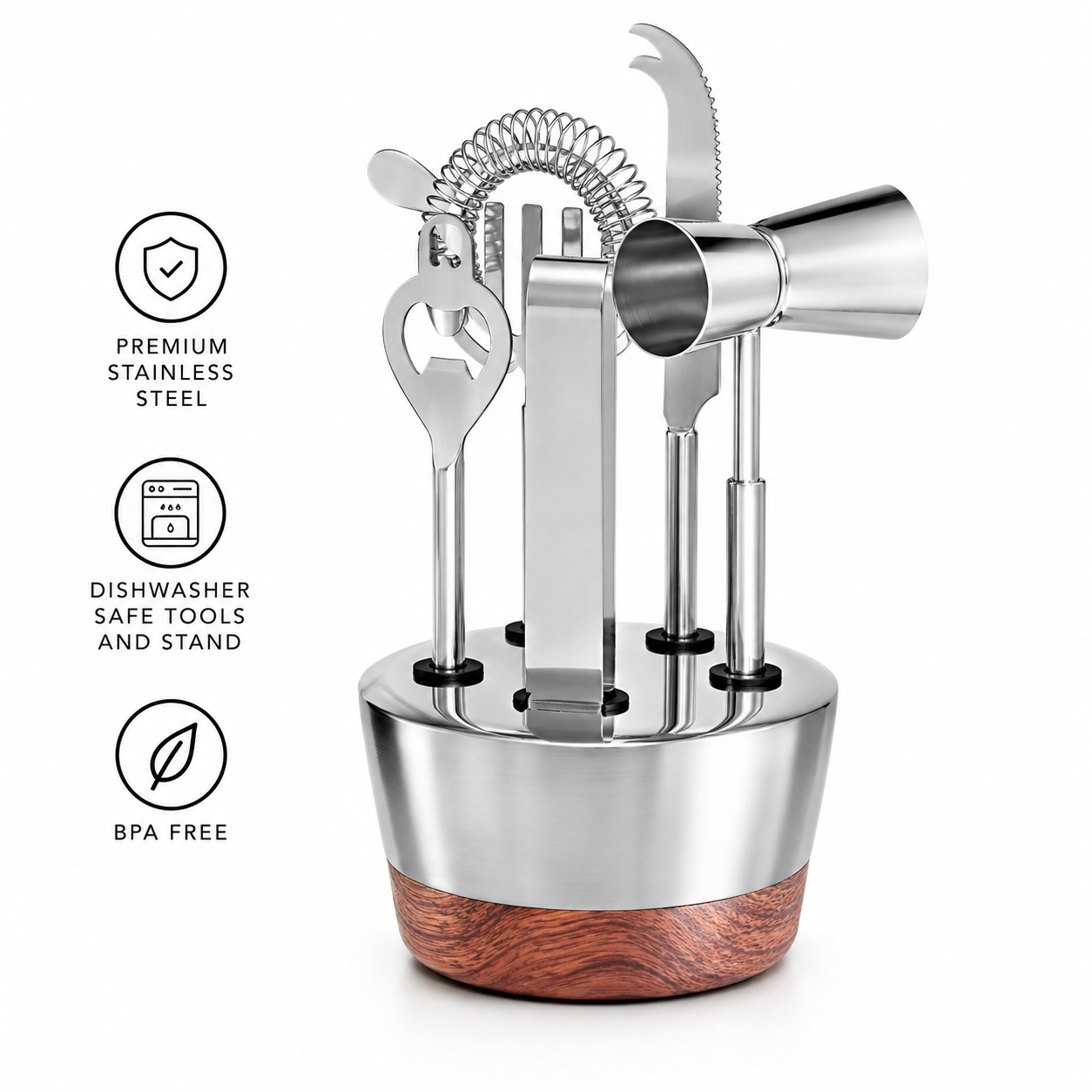 Stainless Steel Bar Tool Set with Acacia Stand