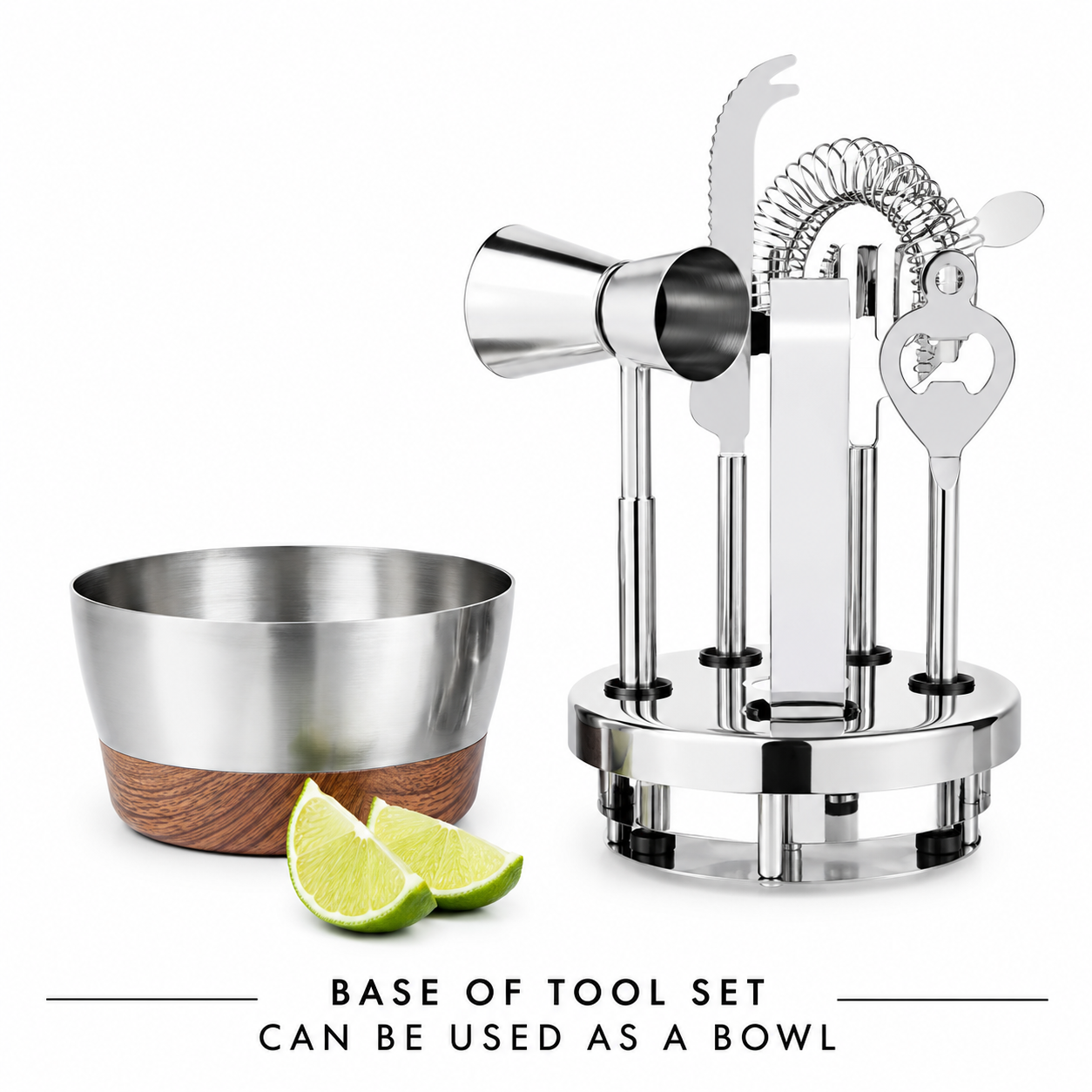 Stainless Steel Bar Tool Set with Acacia Stand