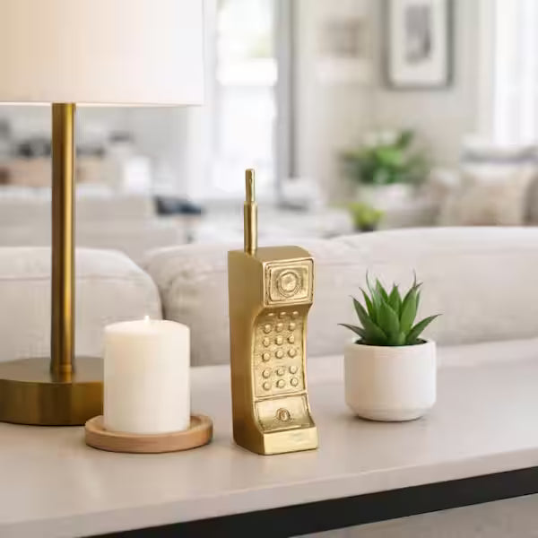 Gold 2 in. x 8 in. Metal Geometric Cordless Phone Figurine